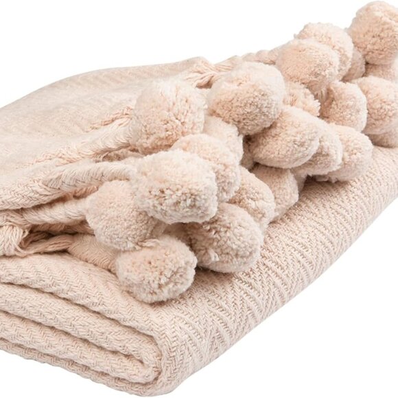 Creative Co-Op Soft Pink Cotton Woven Pom Pom Throw w/Braids/NWT - Picture 6 of 13